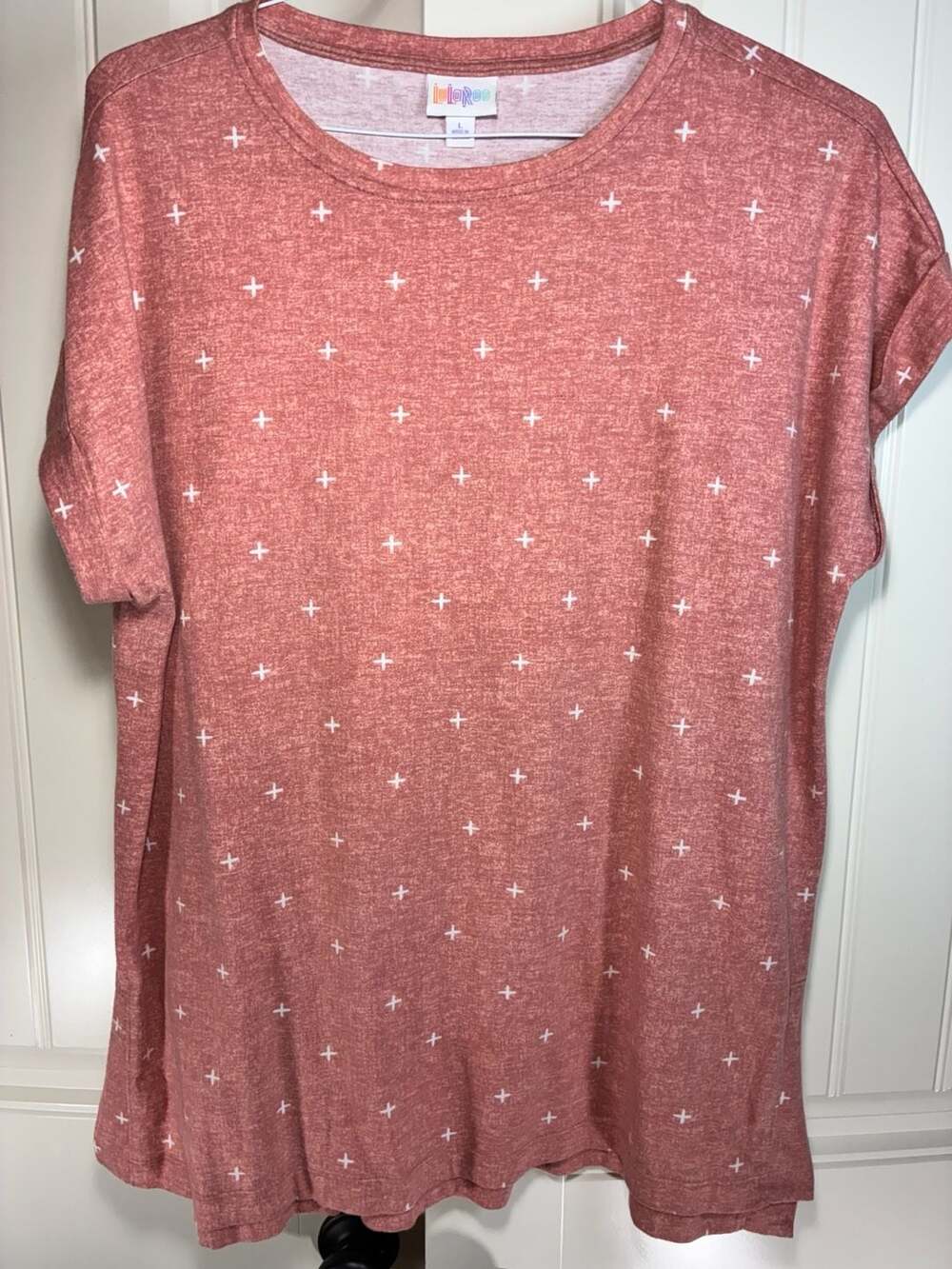 LuLaRoe T-Shirt Size L Pink White Plus Sign Print Short Sleeve
